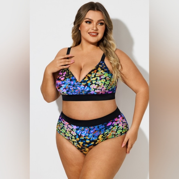 NEW NWT MeetCurve Plus Size V-Neck Neon Leopard Print Bikini Top & Bottom - Picture 2 of 7